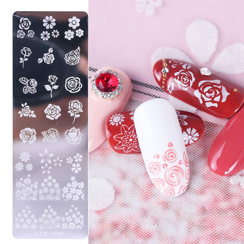 5 Pcs Nail Polish Printing Plate+1 Piece Of Stamper+1 Piece Of Scraper Diy Set Butterfly Rose Bohemian Feather Leaf Cat Pattern Nail Art Decoration - BeesActive Australia