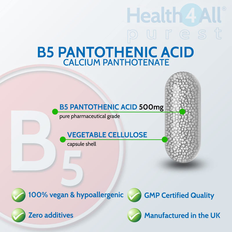 Vitamin B5 Pantothenic Acid 500mg 90 Capsules (V) (not Tablets) Purest: No Additives, Vegan. Made in The UK by Health4All. 90 Count (Pack of 1) - BeesActive Australia