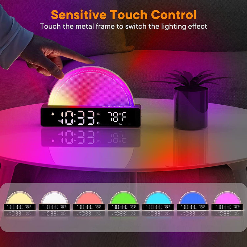 AFEXOA Sunrise Alarm Clock, Wake Up Light with Sunrise Simulation, White Noise Machine, Touch Control Bedside Lamps Dimmable Multicolor Night Light, 10 Nature Sounds, Snooze/Timer/Temperature Display Wooden - BeesActive Australia