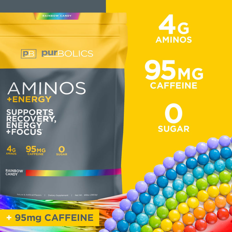 Purbolics Aminos + Energy | Supports Recovery, Energy & Focus | 95mg of Caffeine, 0 Calories & 60 Servings (Rainbow Candy) Rainbow Candy - BeesActive Australia