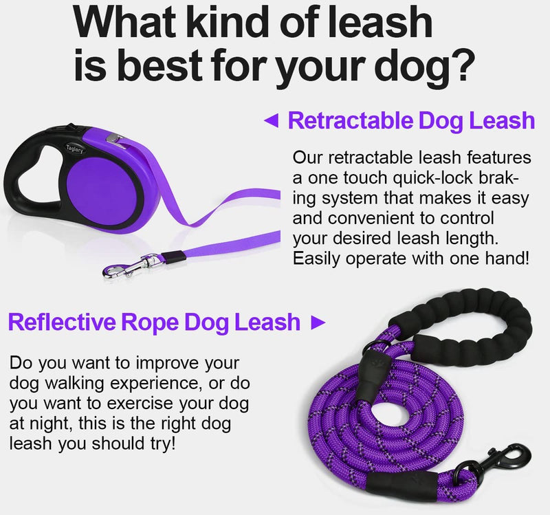 Taglory Retractable Dog Leash, 16ft No Tangle Dog Leash Retractable for Small to Medium to Large Dogs, One-Handed Brake, Pause, Lock Small to Medium(Pack of 1) Purple - BeesActive Australia