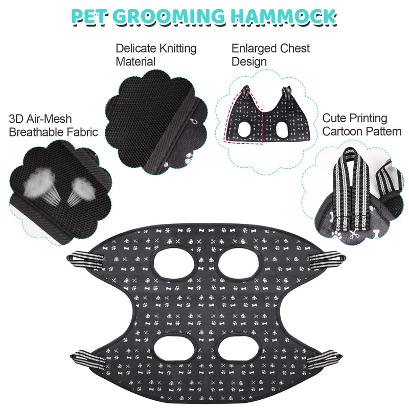 Pet Grooming Hammock Harness with Nail Clippers/Trimmer, Nail File, Comb, Cute Printed Breathable Cats & Dogs Hammock Sling for Grooming (XS, Black) - BeesActive Australia