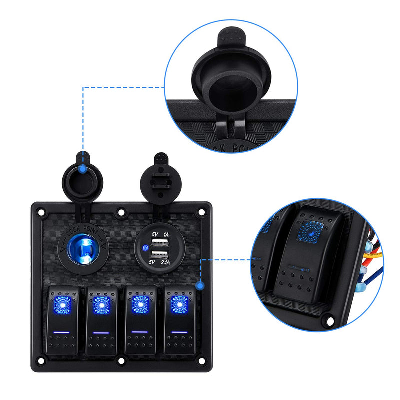 [AUSTRALIA] - Kohree 4 Gang Marine Boat Rocker Switch Panel, 12V Waterproof LED Lighted Toggle Switches Fuse Breaker Protected Control with 12 Volt Marine USB Power Outlet for Car Boat RV Scooter Truck Vehicles 