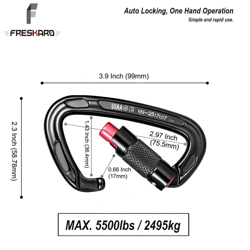 FresKaro UIAA Certified 25KN Auto Locking Climbing Carabiner Clips,Twist Lock and Heavy Duty Carabiners for Rock Climbing, Rappelling and Mountaineering, D Shaped 3.93 Inch, Large Size, Black 2PCS-25KNA - BeesActive Australia