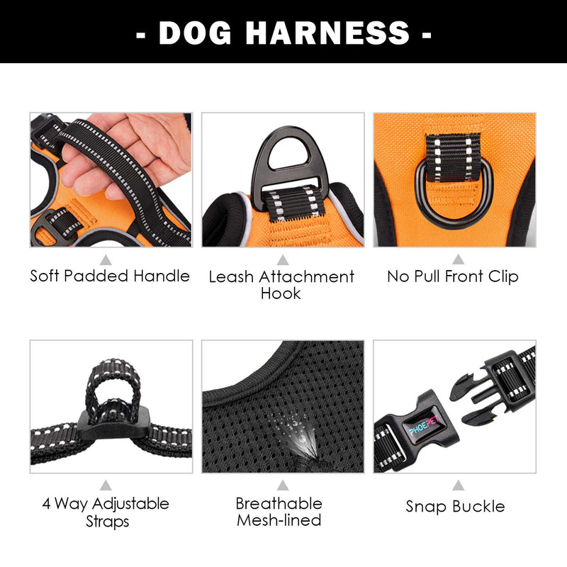 PHOEPET No Pull Dog Harness Reflective Adjustable Vest with a Training Handle, Name ID Pocket, 2 Metal Leash Hooks, 3 Snap Buckles [Easy to Put on & Take Off] Medium Orange - BeesActive Australia