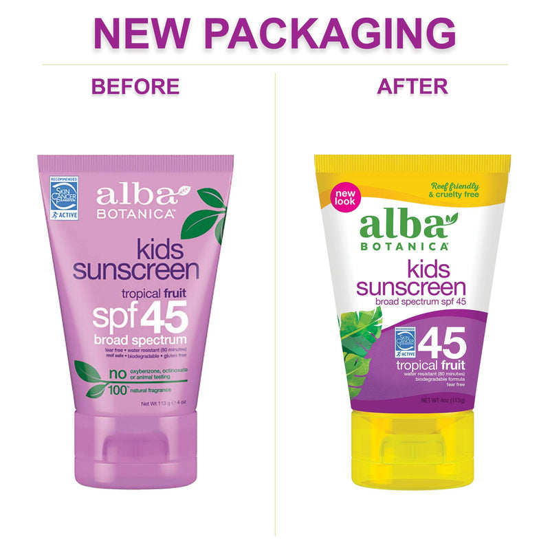 Alba Botanica Kids Sunscreen Lotion, SPF 45, Tropical Fruit, 4 Oz (Packaging May Vary) 4 Ounce (Pack of 1) - BeesActive Australia