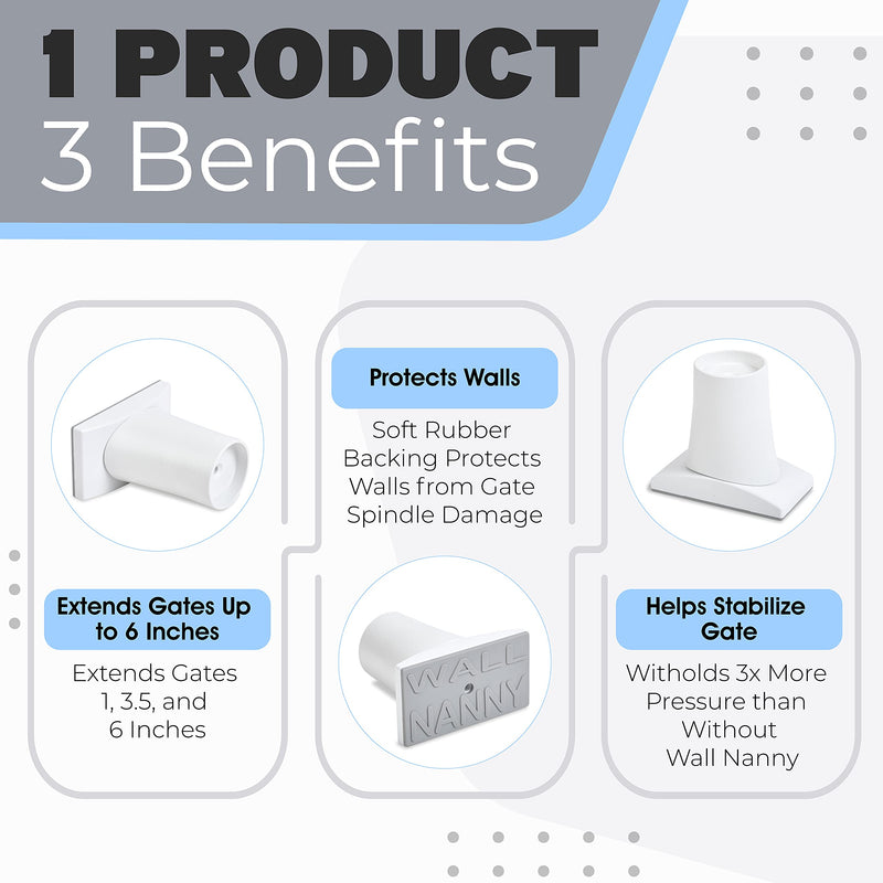 Wall Nanny Extender - 6 Inch Baby Gate Extension Kit (Made in USA) Extends Pressure Mounted Gates + Protects Walls + Stabilizes Gate - for Child, Pet & Dog Gates - Works on Stairs - Protector (4 Pack) White - BeesActive Australia