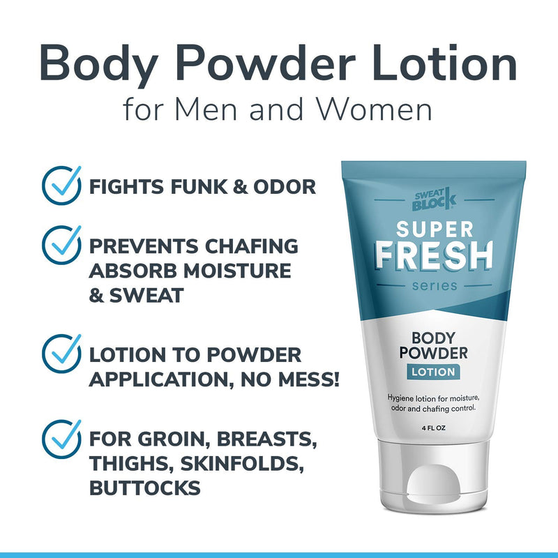 Super Fresh Body Powder Lotion by SweatBlock - Talc Free, Anti-Chafing, Deodorizing, Natural Ingredients - No Mess Body Powder Lotion for Men and Women - 4 fl oz. 4 Fl Oz (Pack of 1) - BeesActive Australia