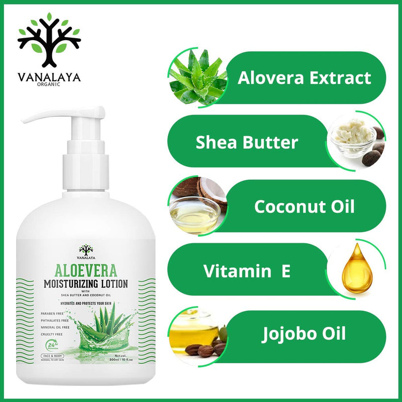 Vanalaya alovera Moisturizing Lotion with shea butter Vitamin E and coconut oil Paraben Free Sulphate free Mineral oil free for Face and Body 300ml - BeesActive Australia