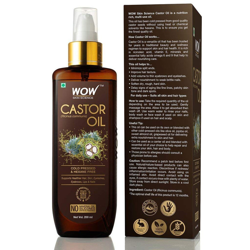 WOW Castor Oil, Cold Pressed For Hair, Nails, Eyebrow, and Eyelash Growth For Women and Men, Intense Moisturizer For Dry Hair & Skin, Rapid Eyelashes Boost, 100% Pure Castor Oil, Hexane Free, 200ml - BeesActive Australia