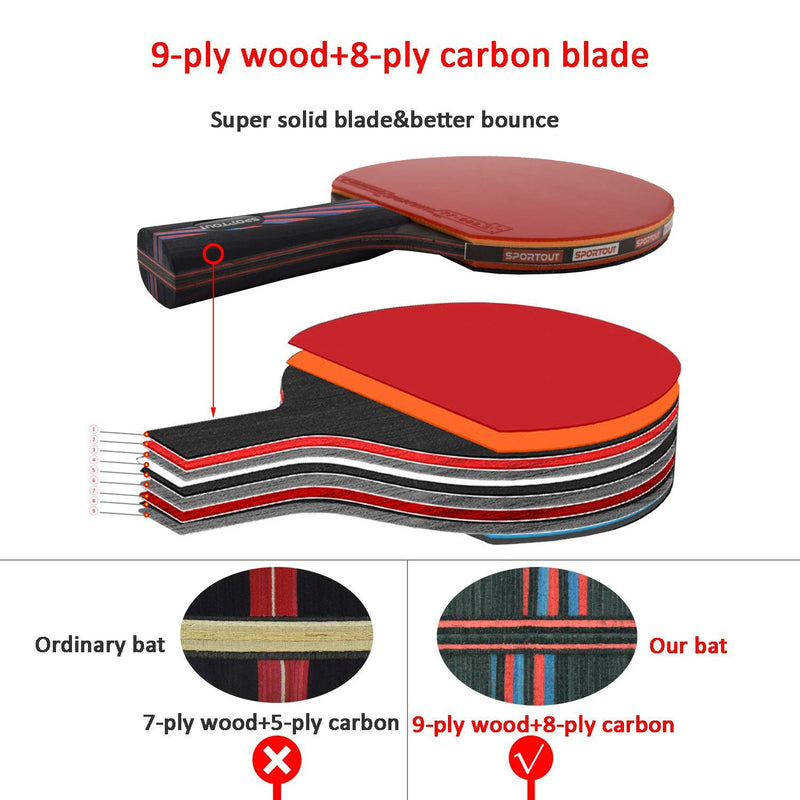 [AUSTRALIA] - Sportout Sriver-He Rubber Table Tennis Paddle, Professional Pingpong Racket with Case, 9-ply Wood and 8-ply Carbon Blade About 210g 