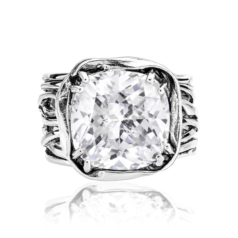 925 Sterling Silver Statement Ring White Cushion Shaped Cubic Zirconia CZ Organic Look Vintage Antique Look Hypoallergenic Nickel and Lead-free Artisan Handcrafted Designer collection, Made In Isra 0 7 - BeesActive Australia