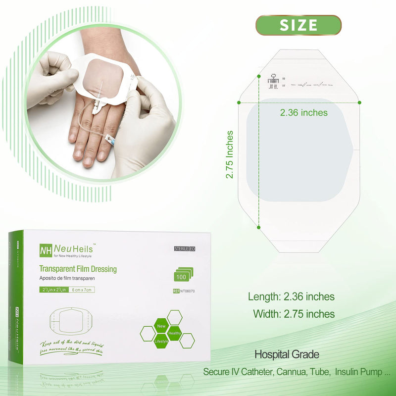 Transparent Film Dressing 2 3/8'' x 2 3/4'', 100 Pack, Waterproof Wound Cover Bandage, Clear IV Catheter Tape, Adhesive Patch, Shower Shield by NeuHeils 2 3/8'' x 2 3/4'' - BeesActive Australia