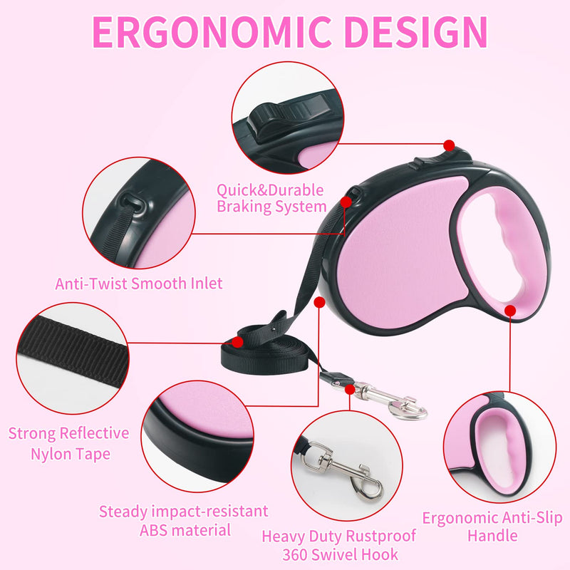 Slognny Retractable Dog Leash,[Strong Nylon Tape][One-Handed One Button Lock] for Medium Small Dog or Cat,16ft Pet Walking Leash with 360°Tangle-Free Design,Anti-Slip Handle,Gift Package pink - BeesActive Australia