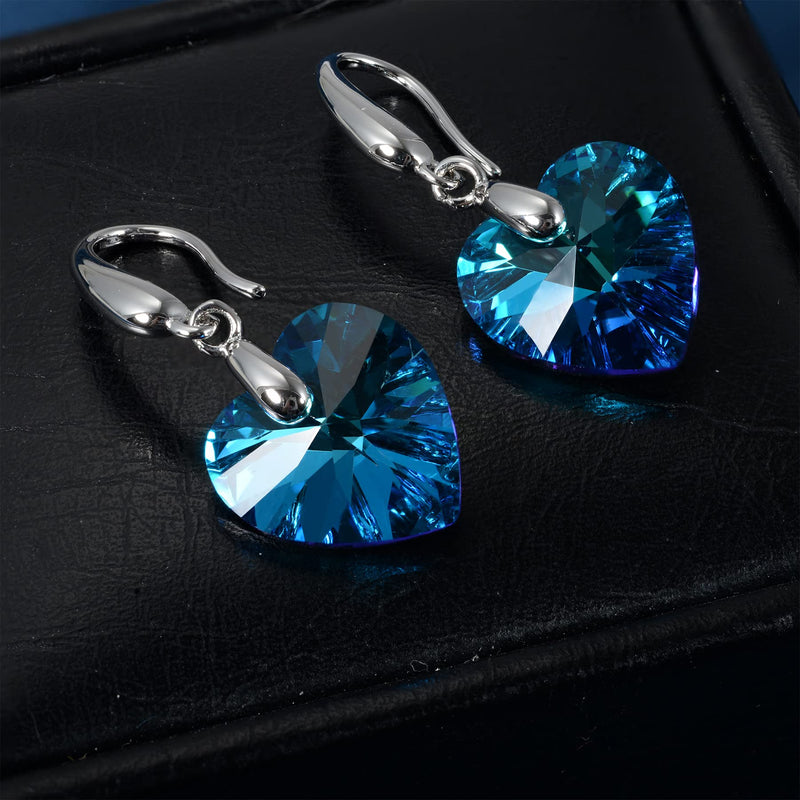 Love Heart Austrian Crystal Earring For Women,14K Gold Plated Hypoallergenic Drop Earrings For Sensitive Ears 1-Silver-Blue - BeesActive Australia