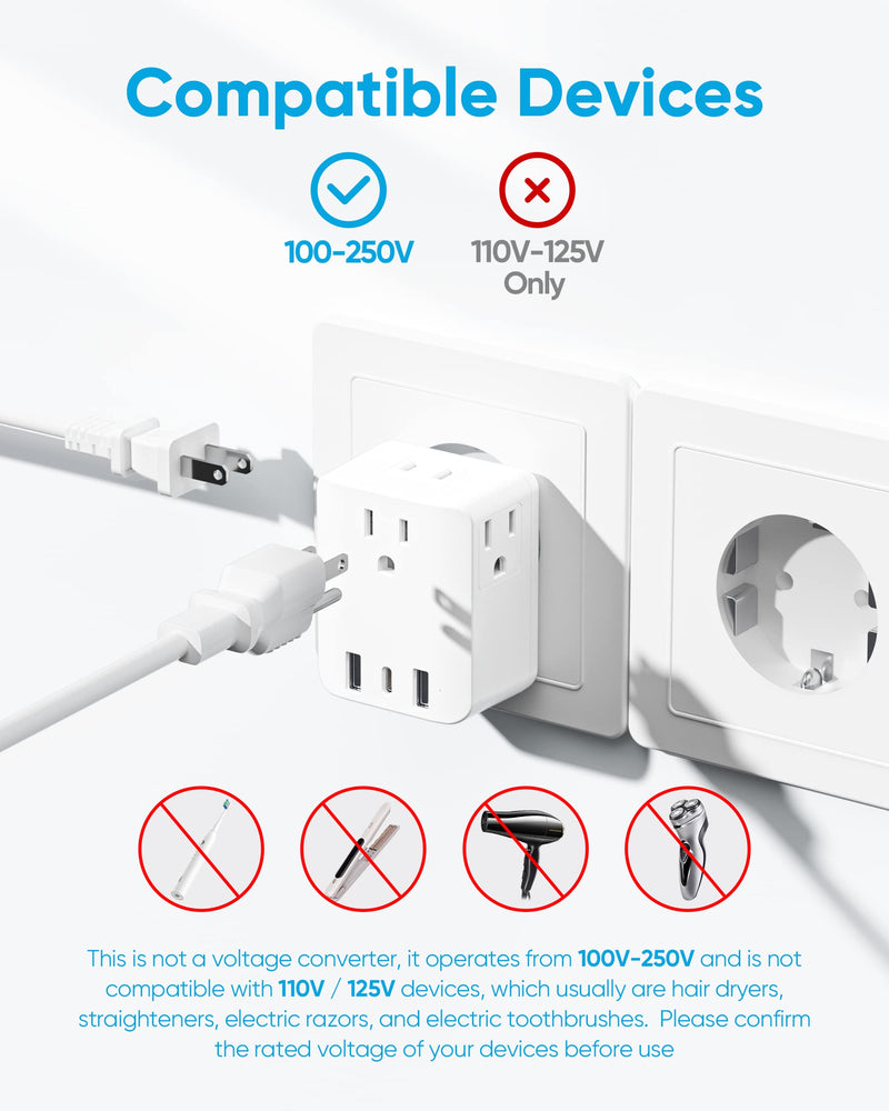 European Travel Plug Adapter,Foldable 4AC International Power Plug Adapter with USB C, Type C Outlet Adaptor Charger for US to Most Europe EU Iceland France Germany Spain Italy Travel FD3AC-1PC - BeesActive Australia