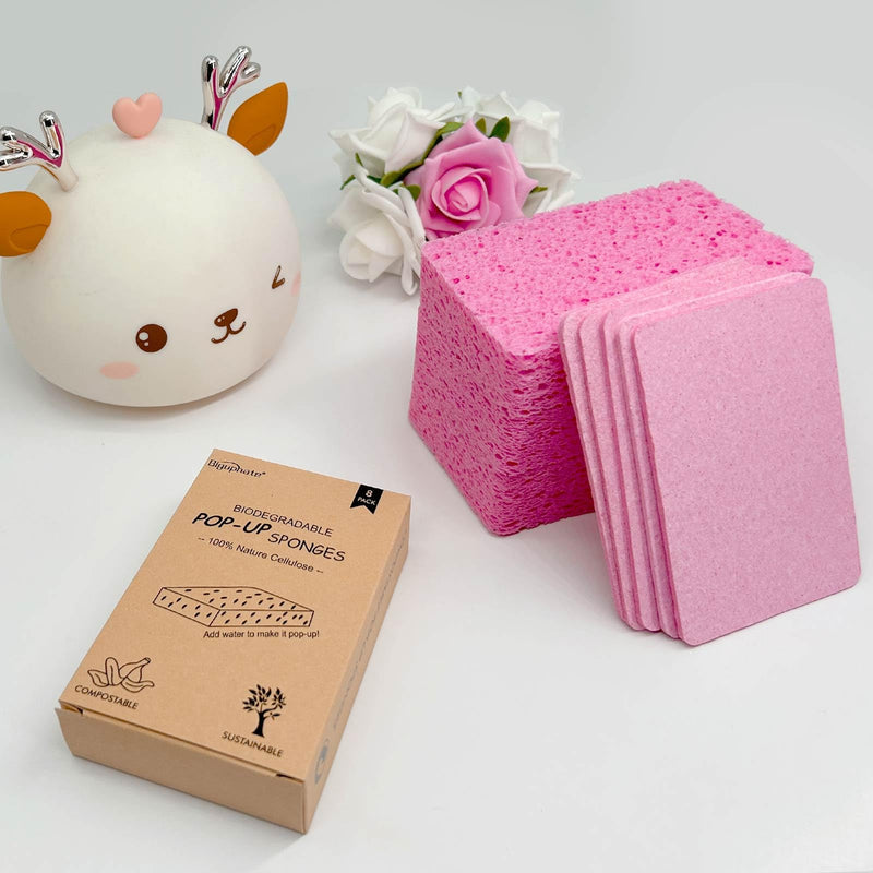 Large Compressed Cellulose Sponges 8 Pack, Natural Pop Up Sponges, Zero-Waste & Plastic Free Biodegradable Sponges, Scratch-Free Cleaning Sponge, Can Be Cut Pink - BeesActive Australia
