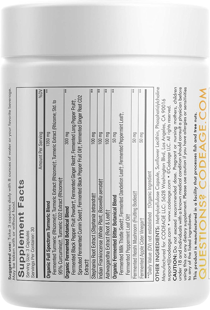 Codeage Fermented Turmeric with Essential Oils + Digestive Bitters + Adaptogenic Herbs for Improved Absorption, Joint Support, Stress Relief Supplement, Turmeric Curcumin, 90 Capsules - BeesActive Australia