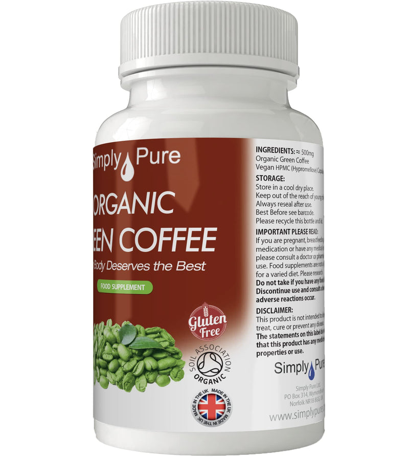 Simply Pure Organic Vegan Green Coffee Capsules x 90, 100% Natural Soil Association Certified, 500mg, Gluten Free and GM Free - BeesActive Australia