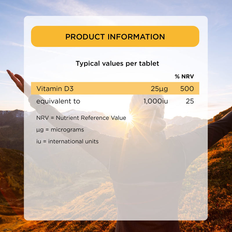 Healthspan Super Strength Vitamin D3 (240 Tablets) | Immune Health | Bone, Teeth & Muscle Health | Contains 1,000iu of Natural Source Vitamin D3 in Each Tablet | Vegetarian 240 Count (Pack of 1) - BeesActive Australia