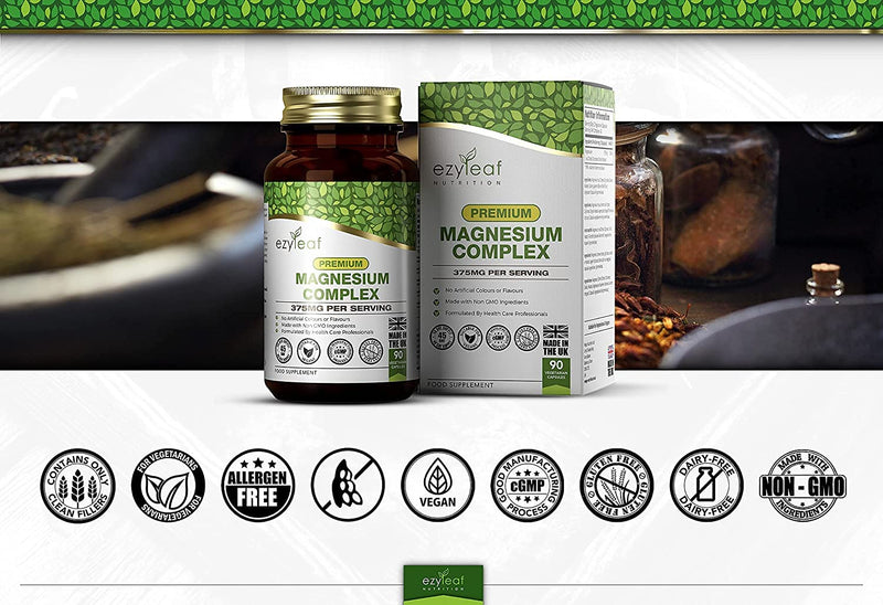 Ezyleaf Magnesium Complex | 375mg Pure Elemental Magnesium Per Serving | Magnesium Glycinate, Magnesium Malate & Magnesium Citrate | 90 Vegan Capsules | ISO Certified, Allergen & Gluten Free | UK Made - BeesActive Australia
