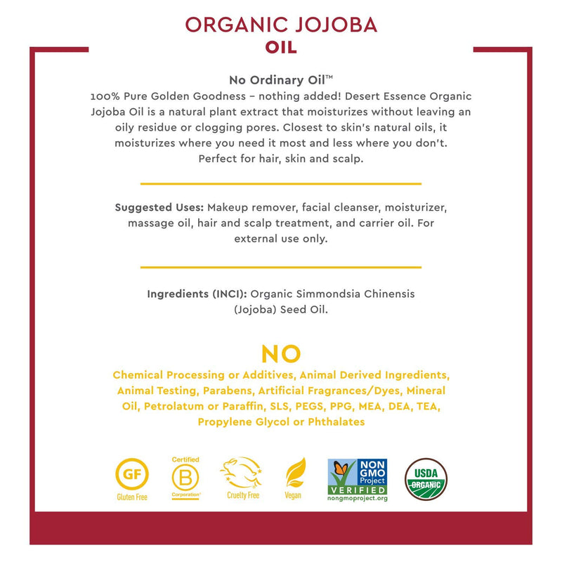 Desert Essence Organic Jojoba Oil - 4 Fl Oz - Moisturizer for Face, Skin, Hair - Cleanses Clogged Pores - May Prevent Scalp Flakiness - Fights Skin Infections - USDA - Suitable for Sensitive Skin 4 Fl Oz (Pack of 1) - BeesActive Australia