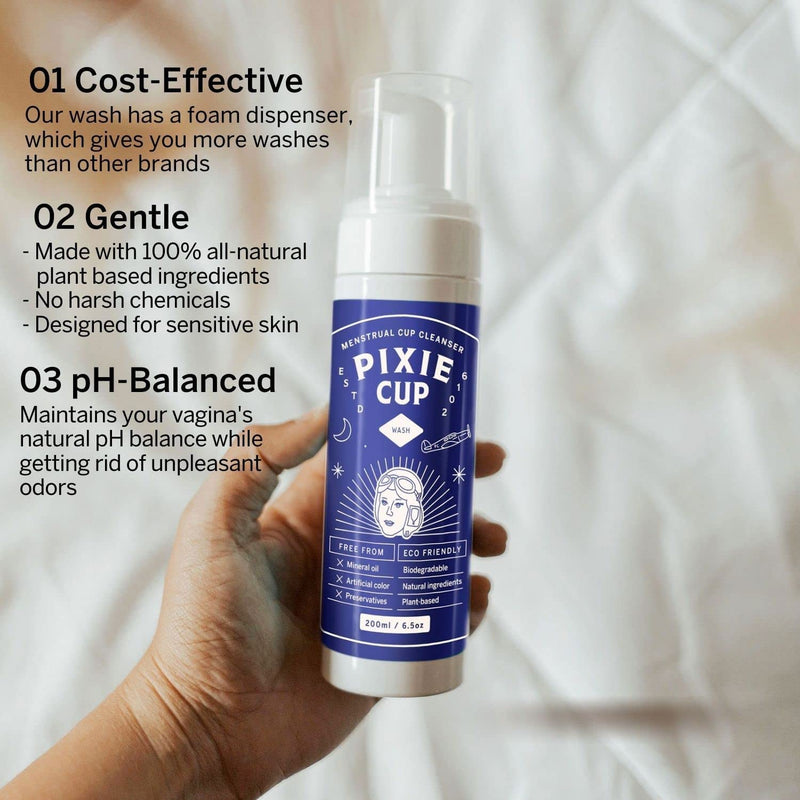 Pixie Menstrual Cup Wash - Foaming Dispenser - Cleaner Sterilizer for Period Cups & Discs - pH Balanced & Natural Organic Ingredients - Most Loved Formula To Wash Your Cup - Bamboo Printed Lid (6.5oz) 200 ml (Pack of 1) - BeesActive Australia