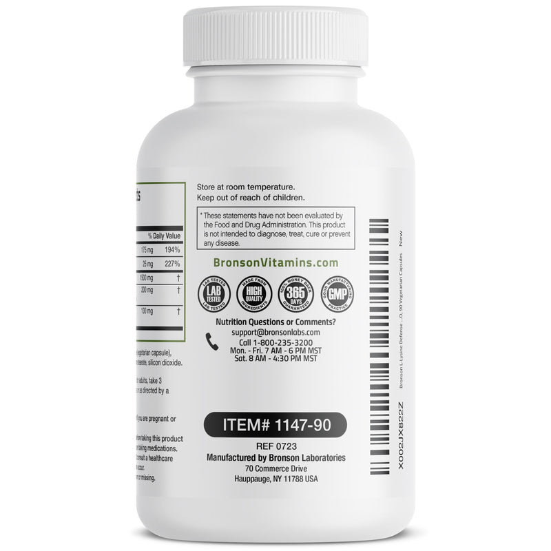 Bronson L-Lysine Defense Immune Support Complex 1500 MG L-Lysine Plus Olive Leaf, Garlic, Vitamin C and Zinc - Non-GMO, 90 Vegetarian Capsules 120 Count (Pack of 1) - BeesActive Australia