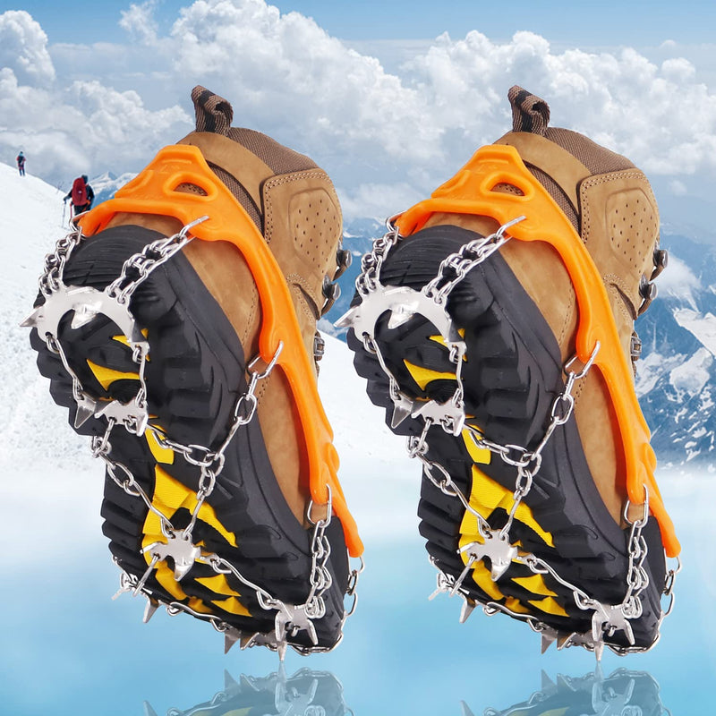 NewDoar Ice Cleats Crampons Traction,19 Spikes Stainless Steel Anti Slip Ice Snow Grips for Women, Kids, Men Shoes Boots, Safe Protect for Mountaineering, Climbing, Hiking, Walking, Fishing,M, L, XL Orange XL(Boot Size: M 11-14/W 12+) - BeesActive Australia