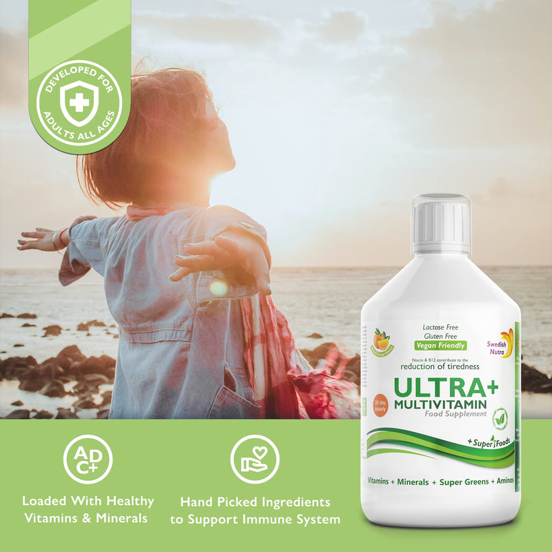 Swedish Nutra Vegan Multivitamin Liquid - Pack of 500ml, 33 Day Supply| Orange Flavour with 51 Active Ingredients| 100% Natural Flavour| High Absorption Rate| Vitamins, Minerals, Aminos & Super Greens - BeesActive Australia
