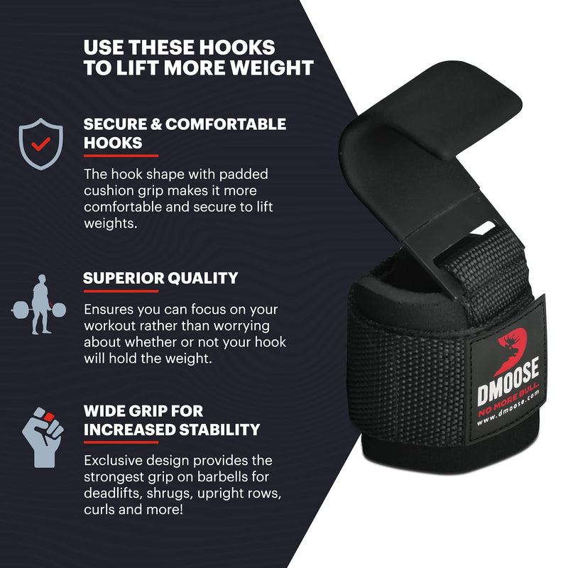 DMoose Weight Lifting Hooks (Pair), Hand Grip Support Wrist Straps for Men and Women, 8 mm Thick Padded Neoprene, Deadlift, Powerlifting, Pull up bar, Liftups, Shrugs Black (Flat Hook) - BeesActive Australia