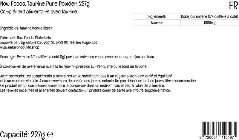 Now Foods, Taurine, Free Form, 227g Vegan Powder, Lab-Tested, Soy Free, Gluten Free, Non-GMO, Vegetarian - BeesActive Australia