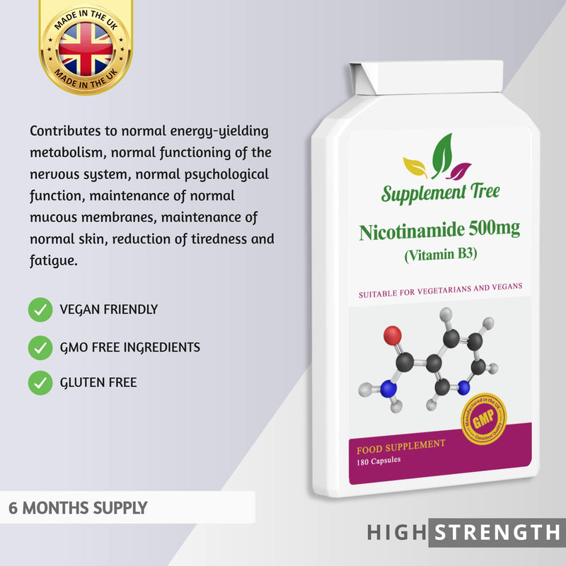 Vitamin B3 Nicotinamide 500mg 180 Capsules | Flush Free Niacinamide | UK Manufactured | Suitable for Vegans & Vegetarians - BeesActive Australia
