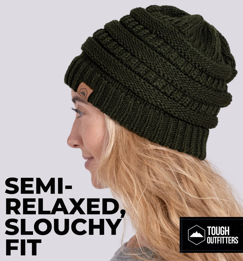Tough Headwear Womens Beanie Winter Hat - Warm Chunky Cable Knit Hats - Soft Stretch Thick Cute Knitted Cap for Cold Weather Army Green - BeesActive Australia