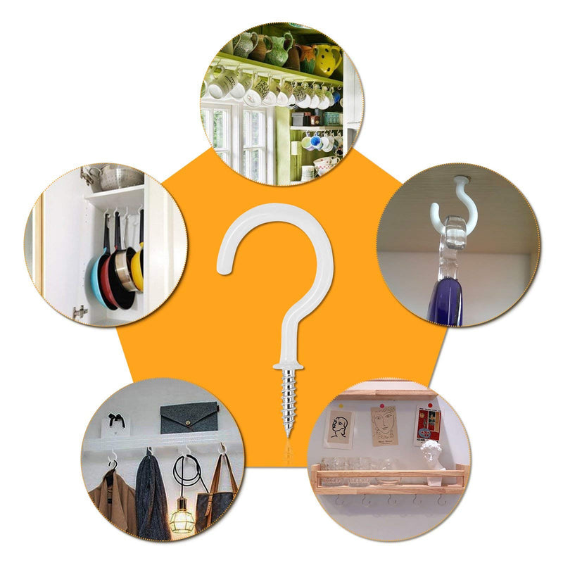MJIYA 50 PCS Vinyl Coated Ceiling Hooks Question Mark Shape Hook Heavy Duty Screw Cup Hook for Bathroom Kitchen Wall Ceiling Hanging (White, 1/2 inch) - BeesActive Australia