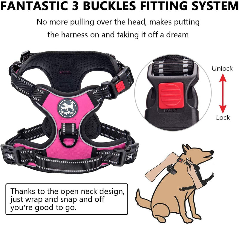 PoyPet Dog Harness and Leash Combo, Escape Proof No Pull Vest Harness, Reflective Adjustable Soft Padded Pet Harness with Handle for Small to Large Dogs Medium Pink - BeesActive Australia