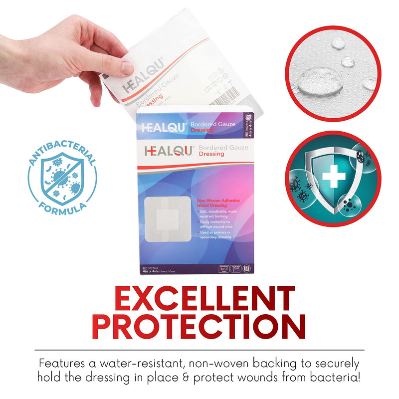 HEALQU Bordered Gauze Island Dressing - 30 Count, 4" x 4" Sterile Individually Wrapped Gauze Pads with Water-Resistant, Non-Woven Backing - Soft and Breathable Wound Dressing for First Aid and Medical 4x4" (2.5x2.5" pad) Box of 30 - BeesActive Australia