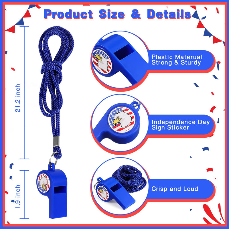 Wettarn 36 Pcs Emergency Whistle with Lanyard Independence Day Whistle for Kids with Patriotic Sticker Whistle Necklace Plastic Sports Whistle Party Favors for Classroom Home Training Red Blue - BeesActive Australia