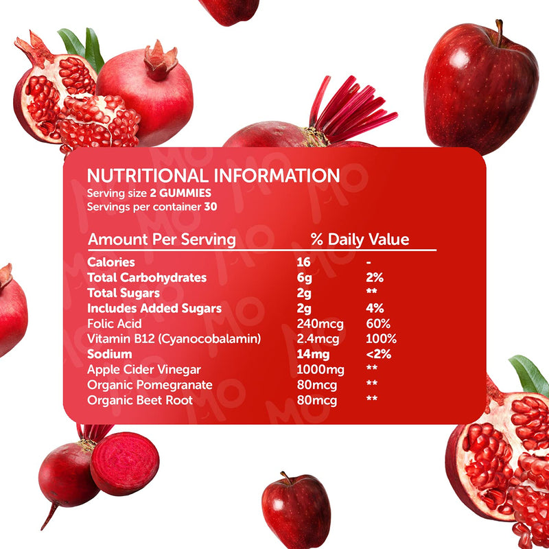 Apple Cider Vinegar Gummies 1000mg | Enriched with Vitamin B12 & Folic Acid | 60 ACV Gummies | Apple Cider Vinegar Capsules with Pomegranate & Beetroot Powder | Vegan, Halal & Gluten Free | MOBU UK - BeesActive Australia