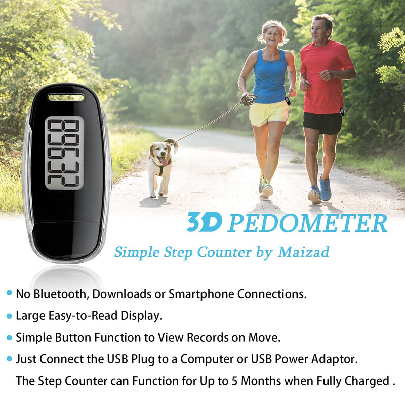 3D Pedometer with Clip and Strap, Simple USB Charge Walking Step Counter, 30 Days Memory, Accurate Step Counter with Large LCD Screen, Daily Target Monitor, Exercise Time, Black - BeesActive Australia