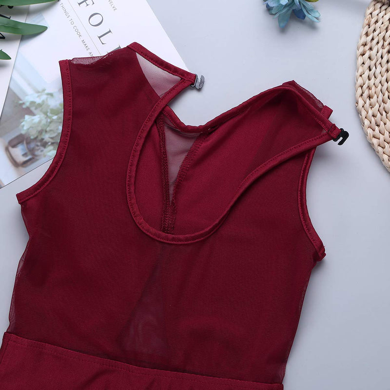 [AUSTRALIA] - renvena Kids Girls One Piece Ballet Dance Leotard Sleeveless Mesh Splice Cutout Back Active Bodysuit Dancewear Burgundy 8-10 