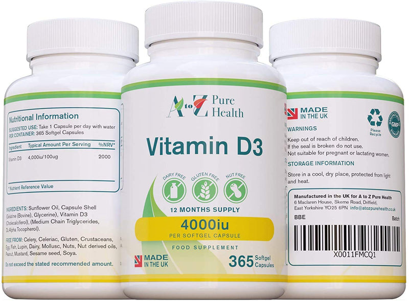 Premium Vitamin D3 Softgel | High Strength Vitamin D3 4000iu Supplement | 365 Easy to Swallow Softgel Capsule | One a day, Year Supply |Supports Healthy Bones,Teeth, Muscle and Immune System | UK Made - BeesActive Australia