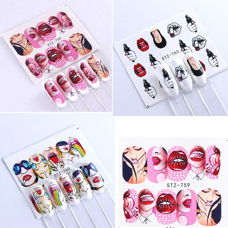 Nail Stickers Nail Art Accessories Decals for Women Sexy Lips Cool Girl Rose Nail Art Stickers Manicure Water Transfer Nail Applique Tip Charms 9 Sheets - BeesActive Australia