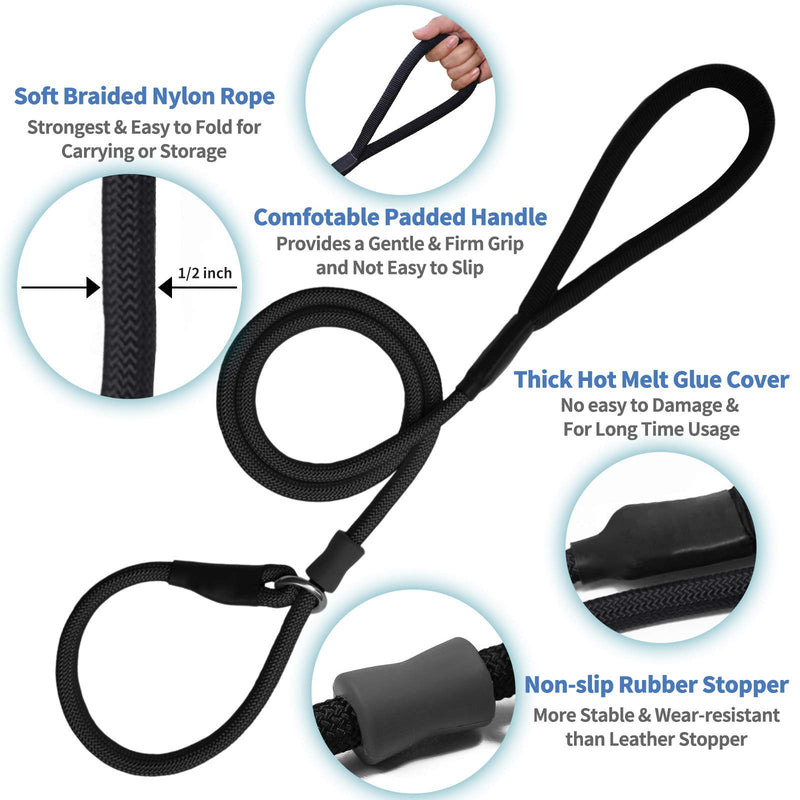 Strong Slip Rope Dog Training Leash (4ft) - Heavy Duty Durable Braided Nylon Lead with Rubber Stopper & Padded Handle - No Pull Walking Climbing for Medium Large Dogs Black 1/2" x 4ft - BeesActive Australia