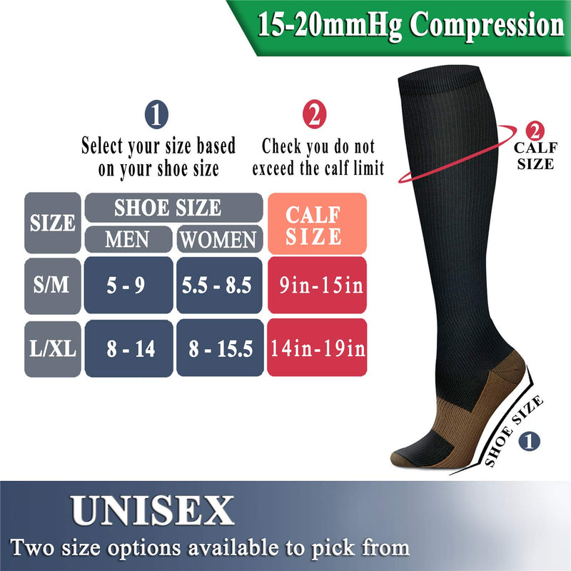 QUXIANG Copper Compression Socks (8 Pairs) for Women & Men- Best for Running, Athletic, Pregnancy and Travel - 15-20mmHg Large/X-Large (Pack of 8) Black - BeesActive Australia