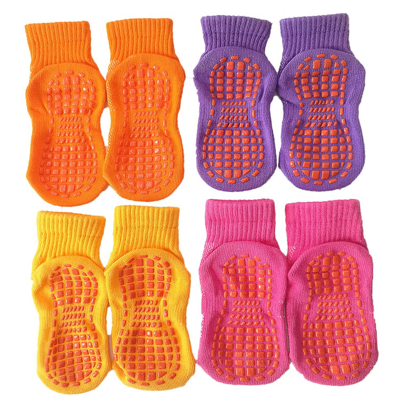 Leeshow 4Pairs Non Slip Trampoline Socks for Kids, Anti Skid Gripy Floor Socks for Exercises, Gym, Yoga and Pilates Yellow,orange,pink X-Small - BeesActive Australia