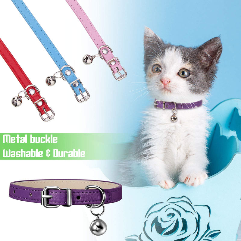 6 Pieces Leather Pet Cat Collars with Bell Soft Adjustable Leather Kitten Collars Cute Pet Collars for Small Cat Kitten Puppy Bright Color - BeesActive Australia