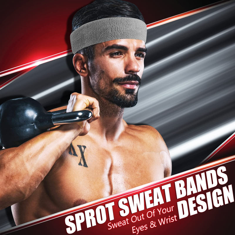 Tanluhu Sweatbands Sport Headbands/Wristbands for Working Out, Exercise, Tennis, Basketball, Running - Terry Cloth Athletic Sweat Cotton Headband Outdoor for Men & Women B-6-Black+White+Gray - BeesActive Australia