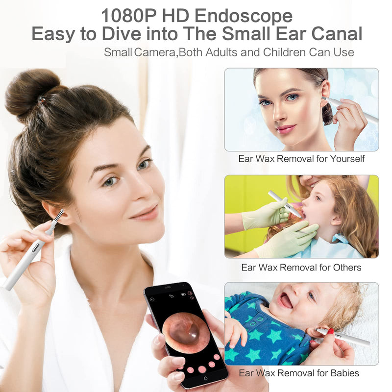 Denchy Ear Wax Removal Kit Camera, Ear Cleaner Otoscope, 3.9mm Inner Len 1080P FHD WiFi Wireless Ear Scope Endoscope with 6 LED Lights, Ear Cleaning, Earwax Remover Tool for Adults Kids Babys (WT) White - BeesActive Australia
