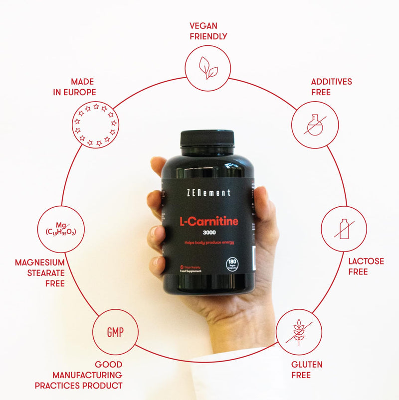 L-Carnitine, 3000mg per dose, 180 Capsules | Helps The Body Produce Energy | Improve Sports Performance and The Efficient Metabolization of Fat | Vegan, Gluten Free | Zenement - BeesActive Australia
